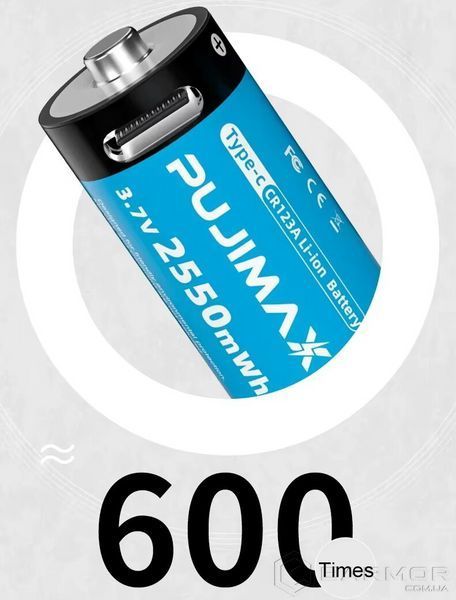 2 Акумулятора Pujimax CR123A (CR123, 16340) 2550mWh з роз'ємом TYPE-C + кабель
