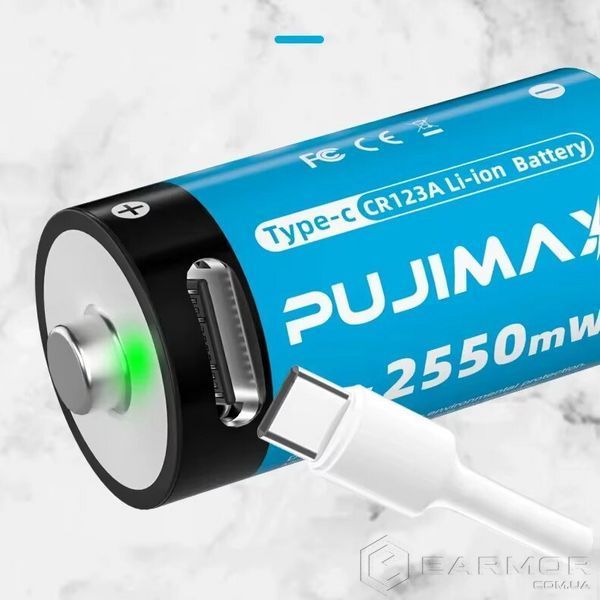 2 Акумулятора Pujimax CR123A (CR123, 16340) 2550mWh з роз'ємом TYPE-C + кабель