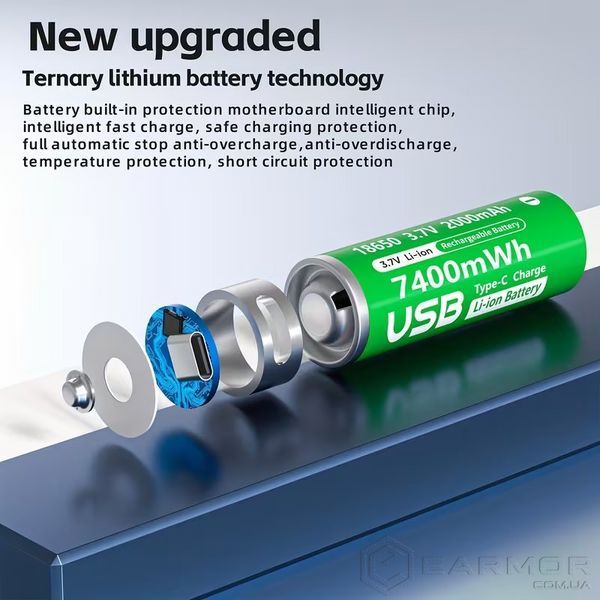Акумулятори 18650 з USB TYPE-C Pujimax 7400mWh 3.7V (2 шт + кабель + кейс)