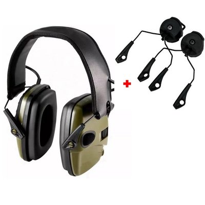 Активні навушники ProTac Slim Green + кріплення на шолом каску з рейками ARC (FAST, ТОР-Д, ACH MICH)