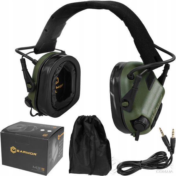 Наушники Активные на шлем каску Earmor M31H PLUS Green + оголовье